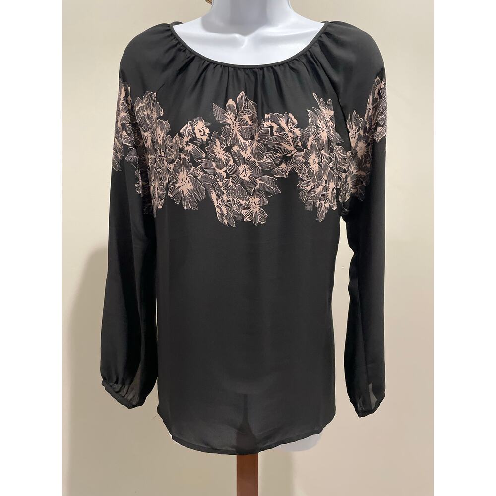 LOFT Black Blouse with Blush Pink Floral Print – Size S